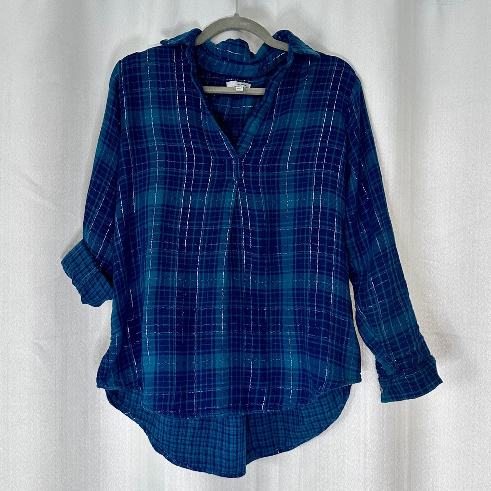Blue Plaid Women's Top With Silver Threads